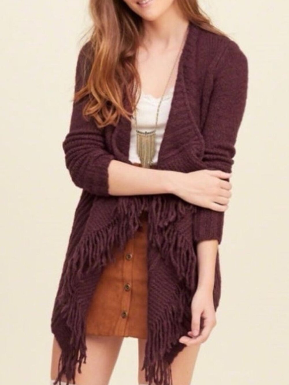 HOLLISTER Fringe Blanket Cardigan Burgundy Maroon Red Open Draped WOOL Sweater